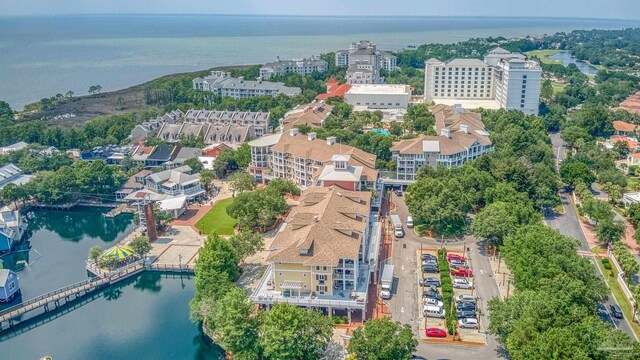 drone / aerial view featuring a water view