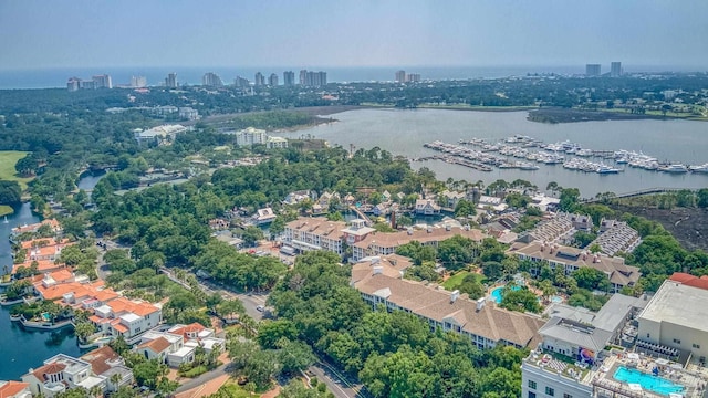 aerial view featuring a water view