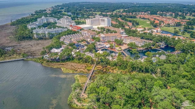 aerial view featuring a water view