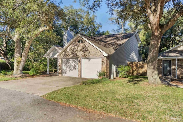 view of front of home featuring a garage and a front lawn