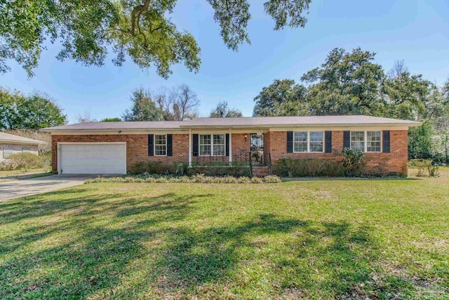 single story home featuring a front lawn, brick siding, driveway, and an attached garage