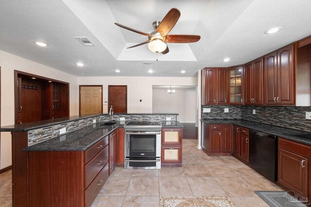 kitchen with decorative backsplash, stainless steel electric stove, black dishwasher, a textured ceiling, and ceiling fan