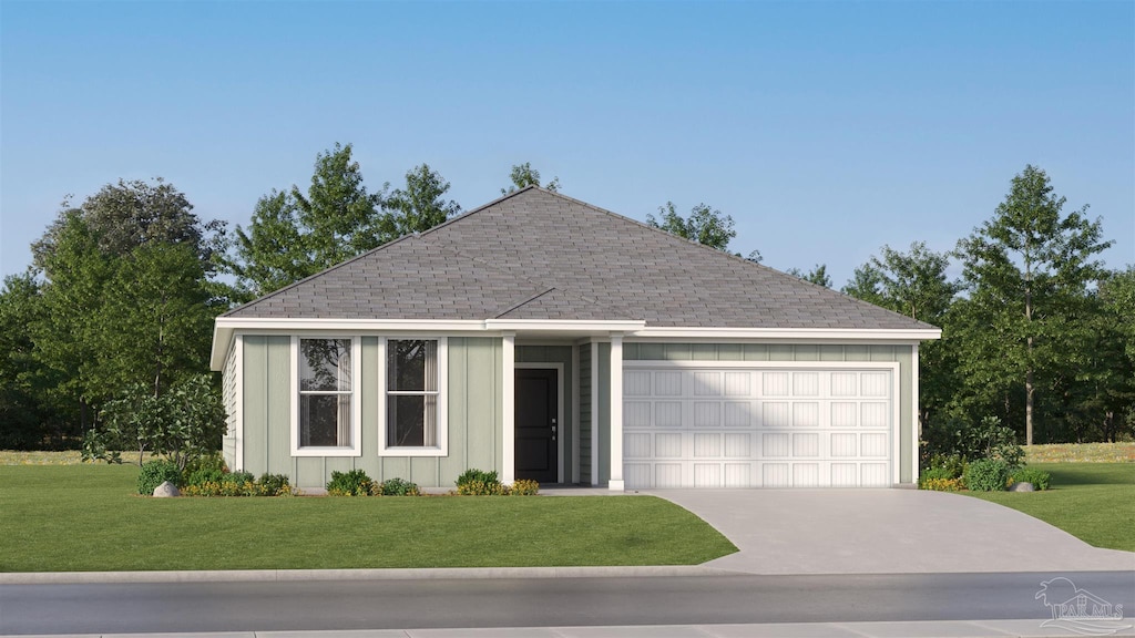 6347 Buckthorn Cir Lot 19E, Pace, FL 32571 - ranch-style home featuring a shingled roof, an attached garage, board and batten siding, a front lawn, and driveway