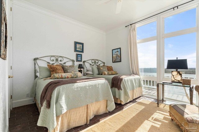 1220 State Highway 180, Gulf Shores, AL 36542 - bedroom featuring crown molding, brick flooring, baseboards, and ceiling fan