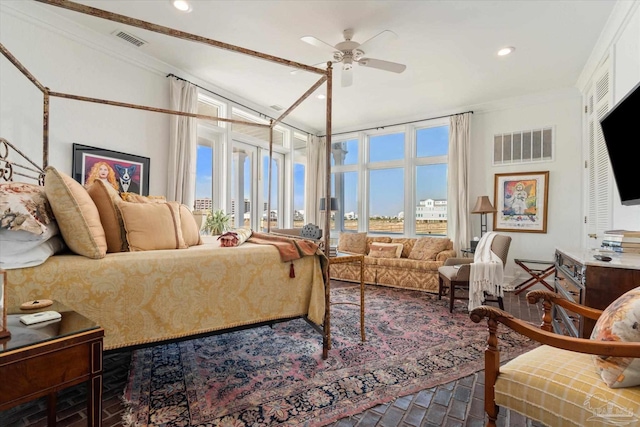 1220 State Highway 180, Gulf Shores, AL 36542 - bedroom featuring ornamental molding, recessed lighting, brick patterned floors, and ceiling fan