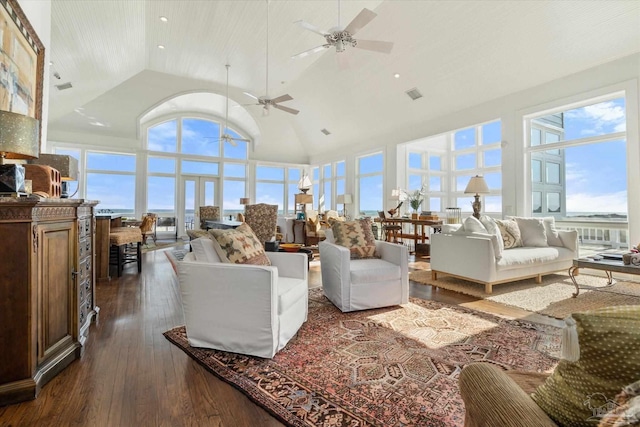 1220 State Highway 180, Gulf Shores, AL 36542 - living area featuring a ceiling fan, dark wood finished floors, and high vaulted ceiling
