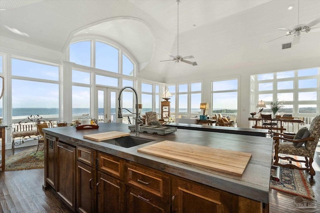 1220 State Highway 180, Gulf Shores, AL 36542 - kitchen featuring a sink, dark countertops, a ceiling fan, dark wood-type flooring, and vaulted ceiling