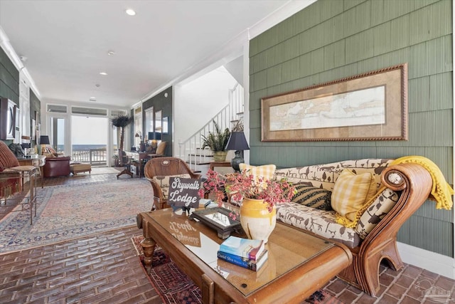 1220 State Highway 180, Gulf Shores, AL 36542 - living area with stairs, recessed lighting, and brick patterned flooring
