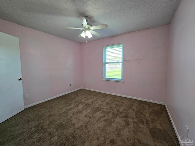 empty room with dark carpet, a textured ceiling, and ceiling fan