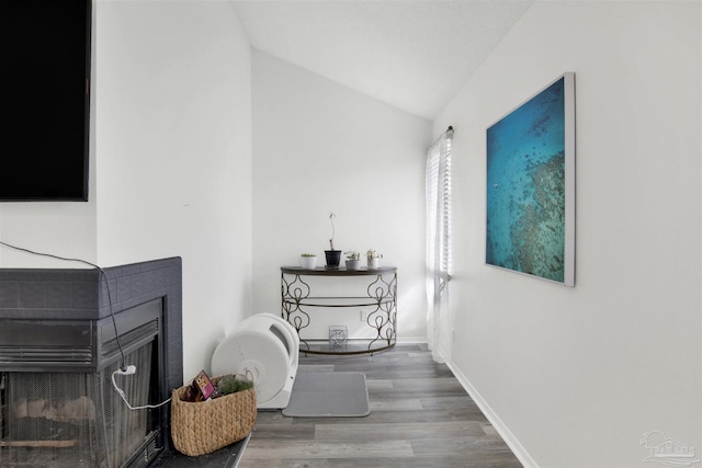 interior space featuring hardwood / wood-style flooring and vaulted ceiling