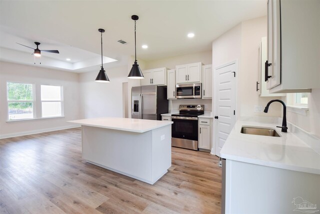 5742 San Blas St, Milton, FL 32583 - kitchen with stainless steel appliances, a sink, ceiling fan, a center island, and light wood-type flooring