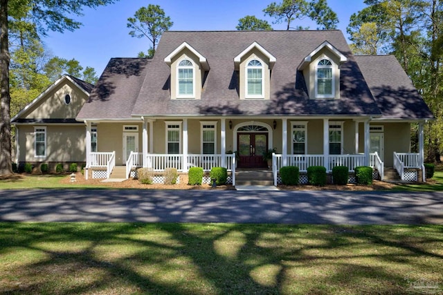 cape cod home with a porch and a front lawn