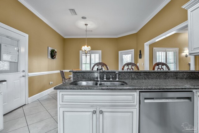 kitchen with white cabinetry, sink, ornamental molding, stainless steel dishwasher, and light tile patterned floors