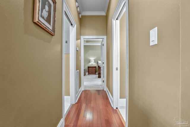 corridor featuring ornamental molding and light hardwood / wood-style flooring