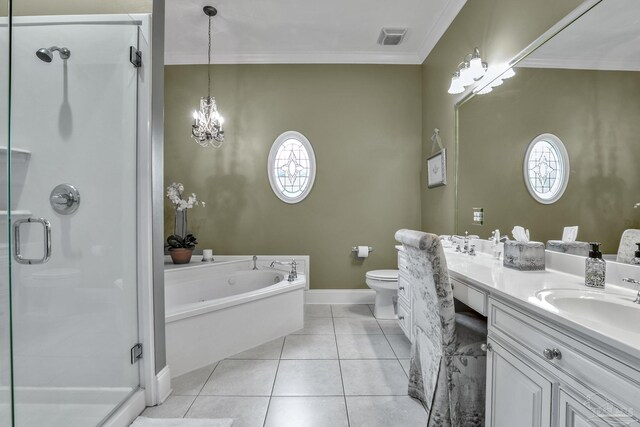 full bathroom featuring independent shower and bath, tile patterned flooring, vanity, toilet, and crown molding