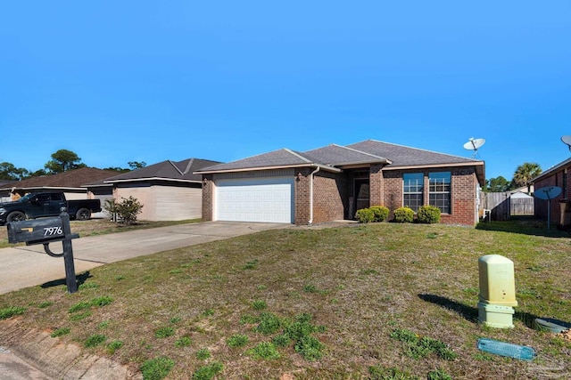 single story home featuring brick siding, concrete driveway, a front yard, fence, and a garage