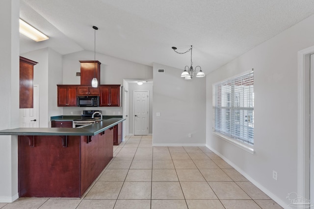 kitchen featuring pendant lighting, dark countertops, dark brown cabinets, black microwave, and stainless steel electric range