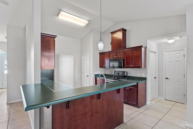 kitchen with black microwave, electric range, dark countertops, and light tile patterned floors