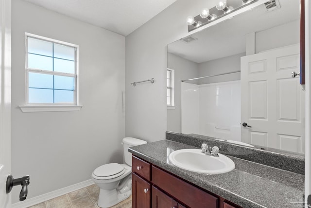 bathroom featuring baseboards, visible vents, a shower, toilet, and vanity