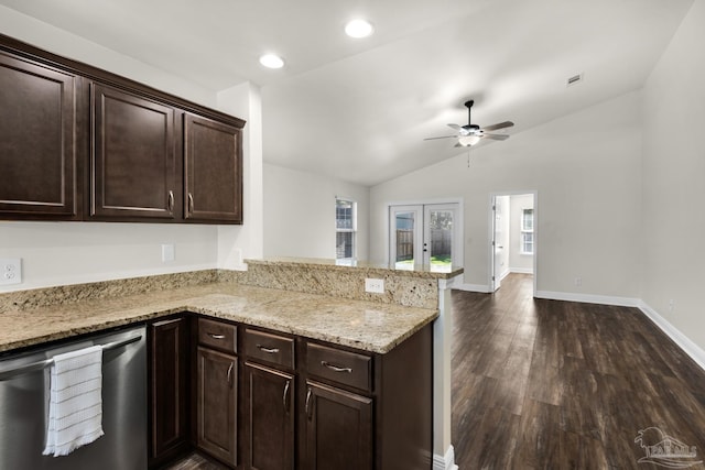 kitchen featuring french doors, stainless steel dishwasher, a peninsula, and a wealth of natural light