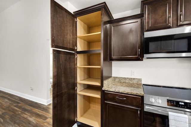 kitchen featuring baseboards, appliances with stainless steel finishes, dark wood-style flooring, dark brown cabinets, and open shelves