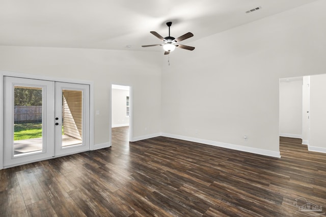 unfurnished living room with dark wood-style floors, baseboards, visible vents, and french doors