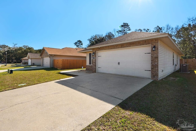 view of front facade featuring driveway, fence, central air condition unit, a front lawn, and brick siding