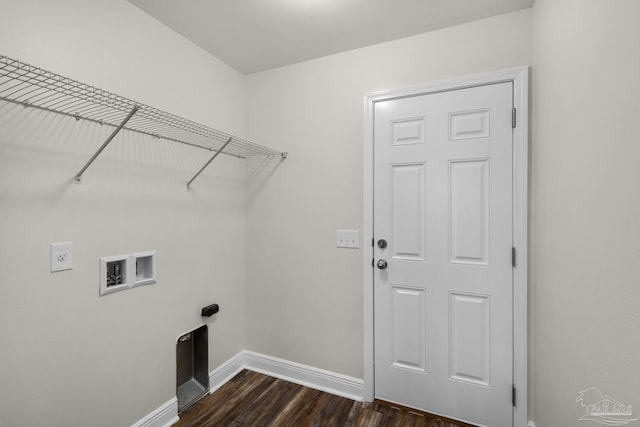 laundry room featuring washer hookup, dark wood finished floors, electric dryer hookup, laundry area, and baseboards