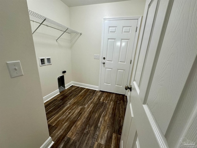 laundry room with hookup for a washing machine, baseboards, laundry area, and dark wood finished floors