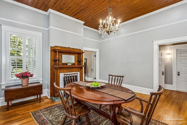 dining space with wood-type flooring, crown molding, an inviting chandelier, and wood ceiling