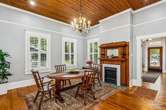 dining space with wood ceiling, ornamental molding, hardwood / wood-style floors, and a wealth of natural light