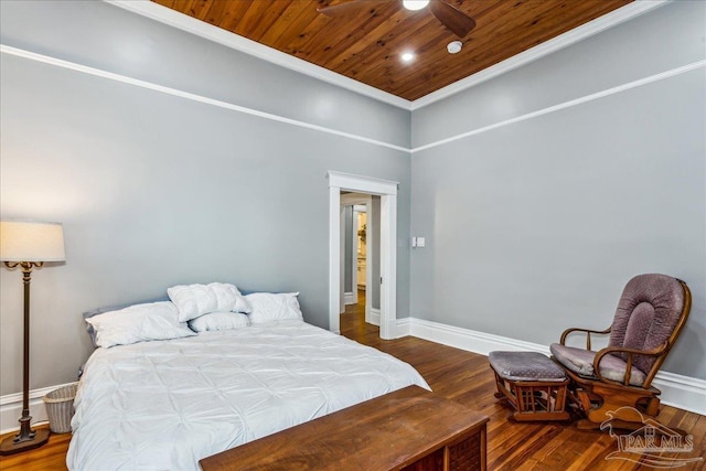 bedroom with wood ceiling and wood-type flooring