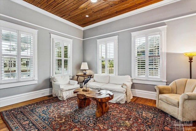 sitting room featuring ornamental molding, wooden ceiling, and wood-type flooring