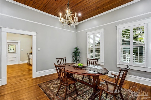 dining area with wood ceiling, wood-type flooring, crown molding, and a chandelier