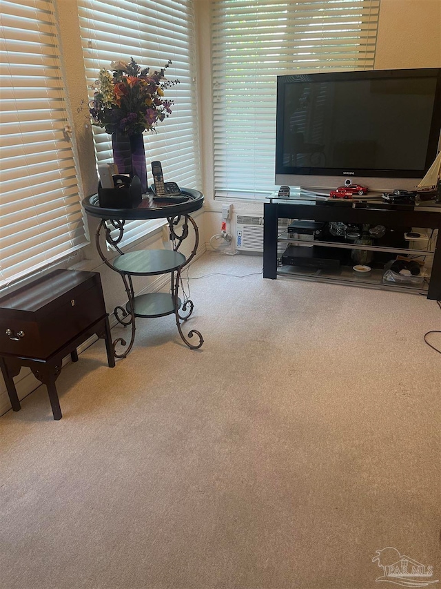 interior space with carpet and a wall mounted air conditioner