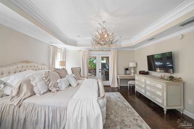 457 Boone Ln, Fairhope, AL 36532 - bedroom featuring a tray ceiling, a chandelier, french doors, ornamental molding, and baseboards