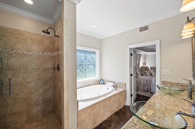 457 Boone Ln, Fairhope, AL 36532 - full bathroom featuring a shower stall, crown molding, a tub with jets, connected bathroom, and vanity