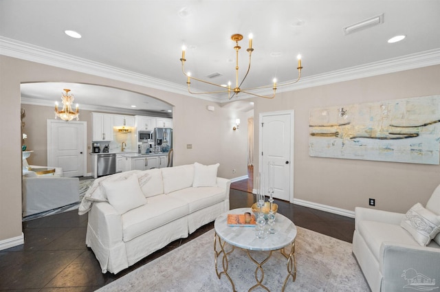 living room featuring dark tile patterned flooring and crown molding