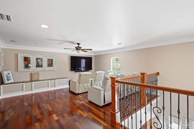 457 Boone Ln, Fairhope, AL 36532 - living area featuring hardwood / wood-style floors, a ceiling fan, ornamental molding, and recessed lighting