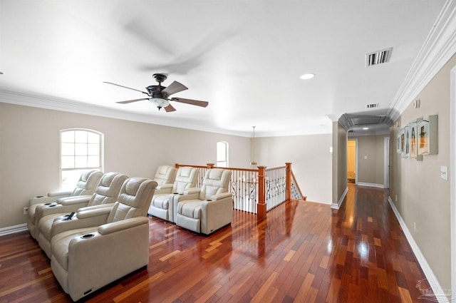 457 Boone Ln, Fairhope, AL 36532 - living room with ornamental molding, attic access, dark wood finished floors, baseboards, and a ceiling fan