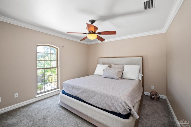 457 Boone Ln, Fairhope, AL 36532 - bedroom featuring carpet flooring, multiple windows, crown molding, baseboards, and ceiling fan