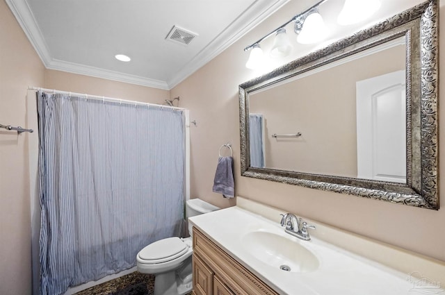 full bathroom with vanity, shower / bath combo, ornamental molding, and toilet