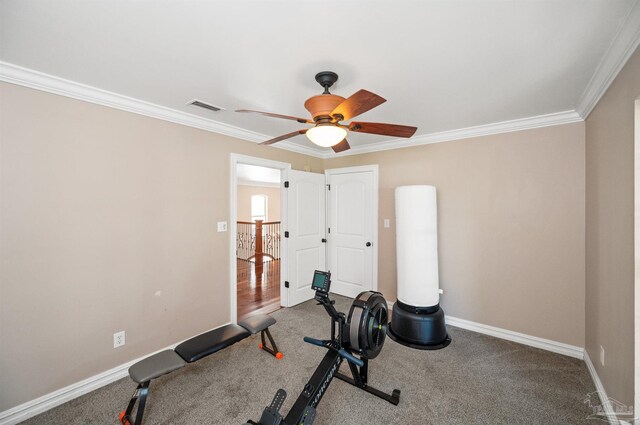 457 Boone Ln, Fairhope, AL 36532 - workout area with a ceiling fan, crown molding, baseboards, and carpet