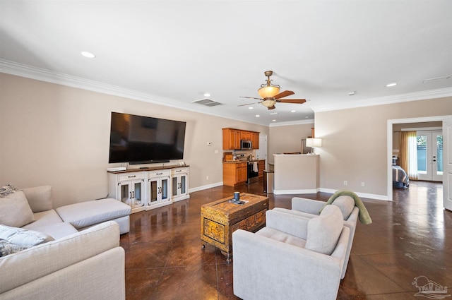 457 Boone Ln, Fairhope, AL 36532 - living area with recessed lighting, a ceiling fan, ornamental molding, baseboards, and french doors