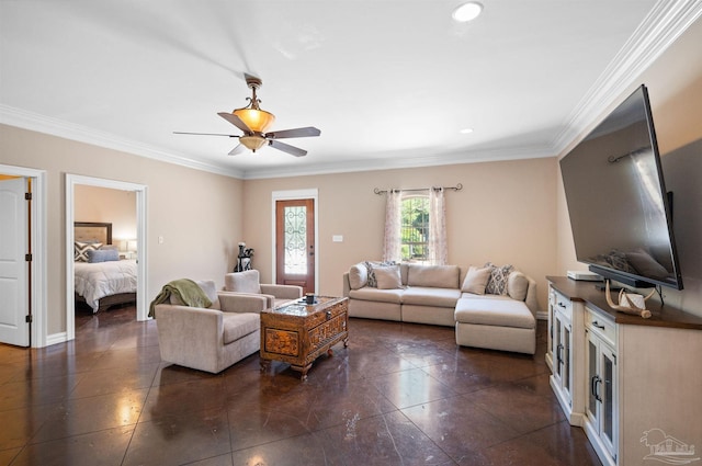 457 Boone Ln, Fairhope, AL 36532 - living room with crown molding, a ceiling fan, dark tile patterned floors, and baseboards