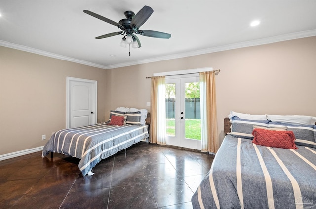 457 Boone Ln, Fairhope, AL 36532 - bedroom featuring french doors, access to exterior, crown molding, baseboards, and ceiling fan