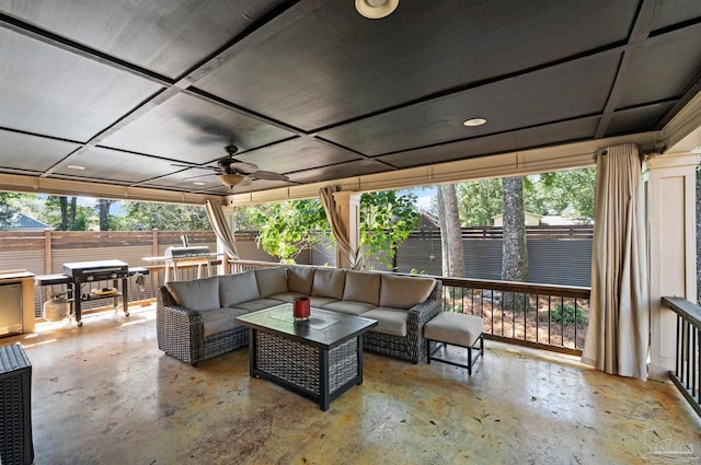 457 Boone Ln, Fairhope, AL 36532 - fenced backyard featuring an outdoor living space, ceiling fan, grilling area, and a patio