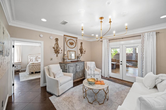 living room with dark tile patterned floors, ornamental molding, french doors, and a notable chandelier