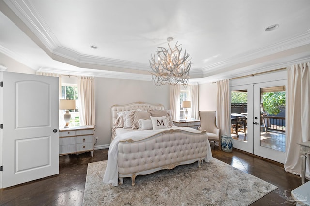 457 Boone Ln, Fairhope, AL 36532 - bedroom with access to exterior, a chandelier, french doors, a raised ceiling, and crown molding