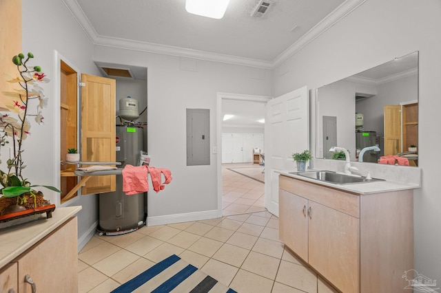 3550 Maikai Dr, Pensacola, FL 32526 - kitchen featuring a sink, water heater, electric panel, light countertops, and crown molding